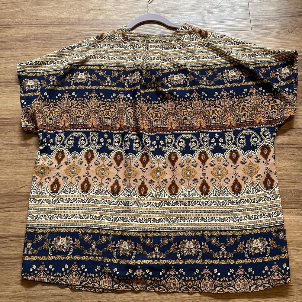 LA Hearts Brown Blue Floral Paisley Women's Short Sleeve Open Cardigan OS Bolero - Picture 2 of 6